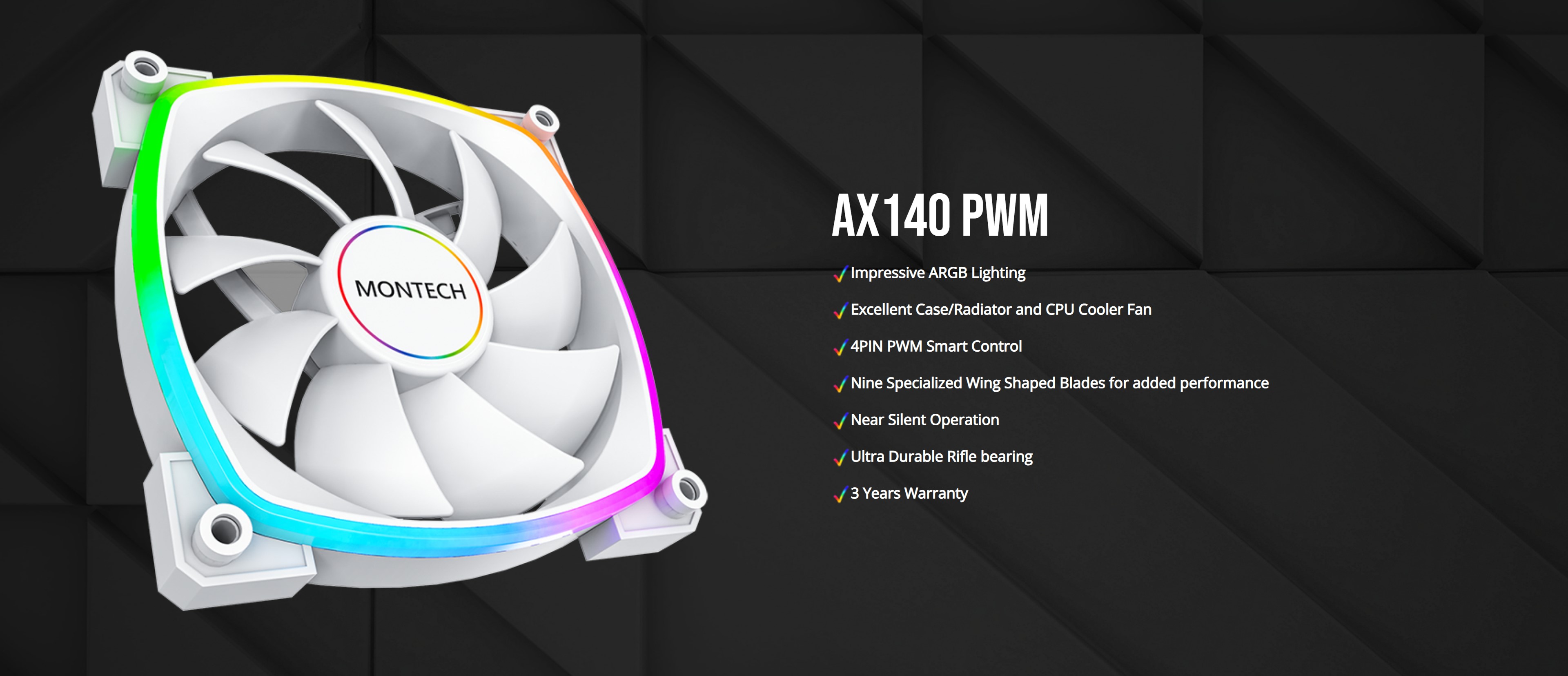 A large marketing image providing additional information about the product Montech AX140 - ARGB PWM 140mm Fan (White) - Additional alt info not provided